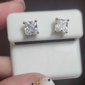 Classic Square-Cut White Stone Stud Earrings - Silver